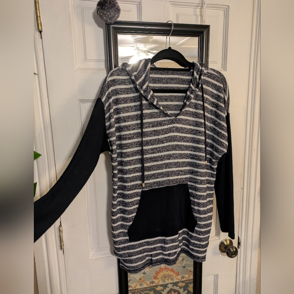 Navy Blue And White Long Sleeve And Hooded Tee